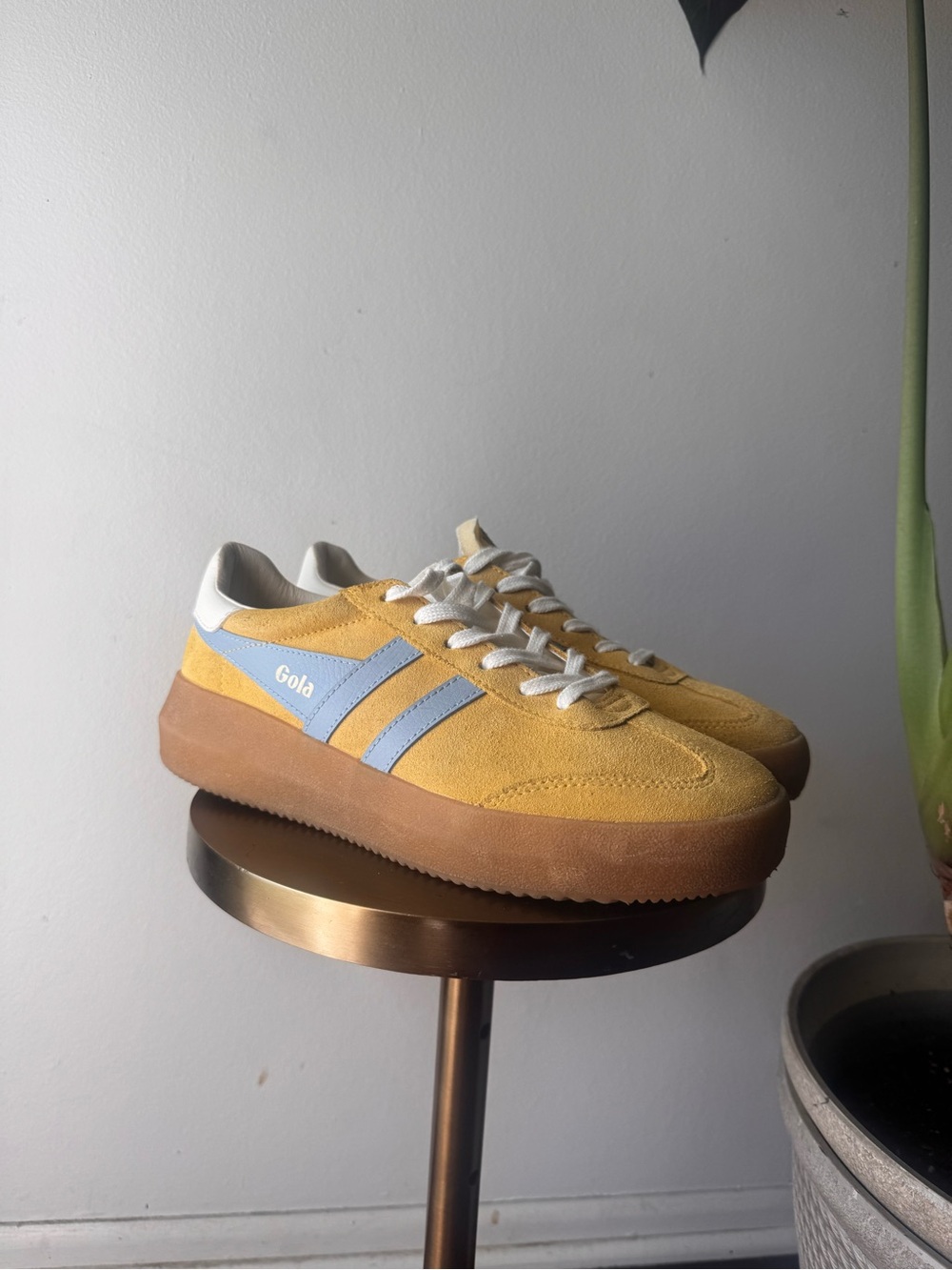 Gola Yellow Suede Platform Sneakers with Pale Blue Stripes